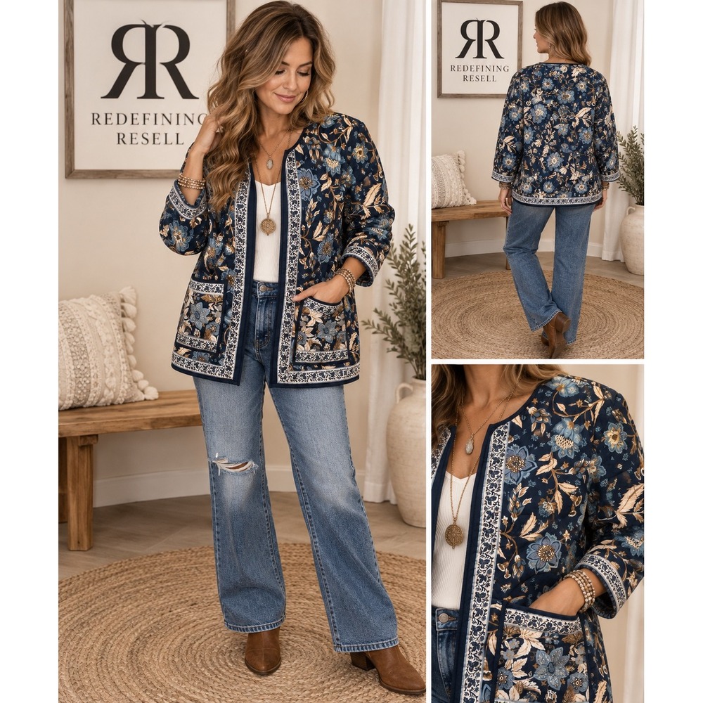 Wonderly Navy Blue Floral Block Print Quilted Open Front Jacket XL Cotton